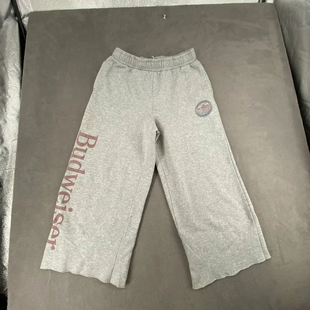Vintage 90s Budweiser Gray Wide Leg Sweatpants Raw Hem Graphic Logo Small